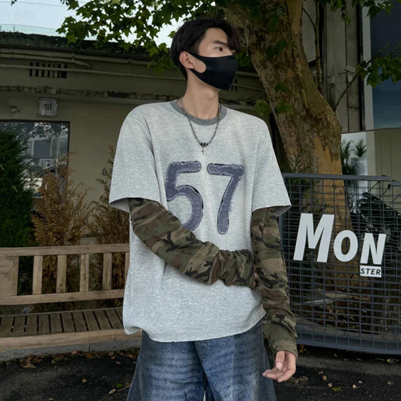 sanyamk - Niche Design Men's T-shirts Round Collar Letter Patchwork Camouflage Long Sleeve Contrast Color Loose Male Tees New 9C9072