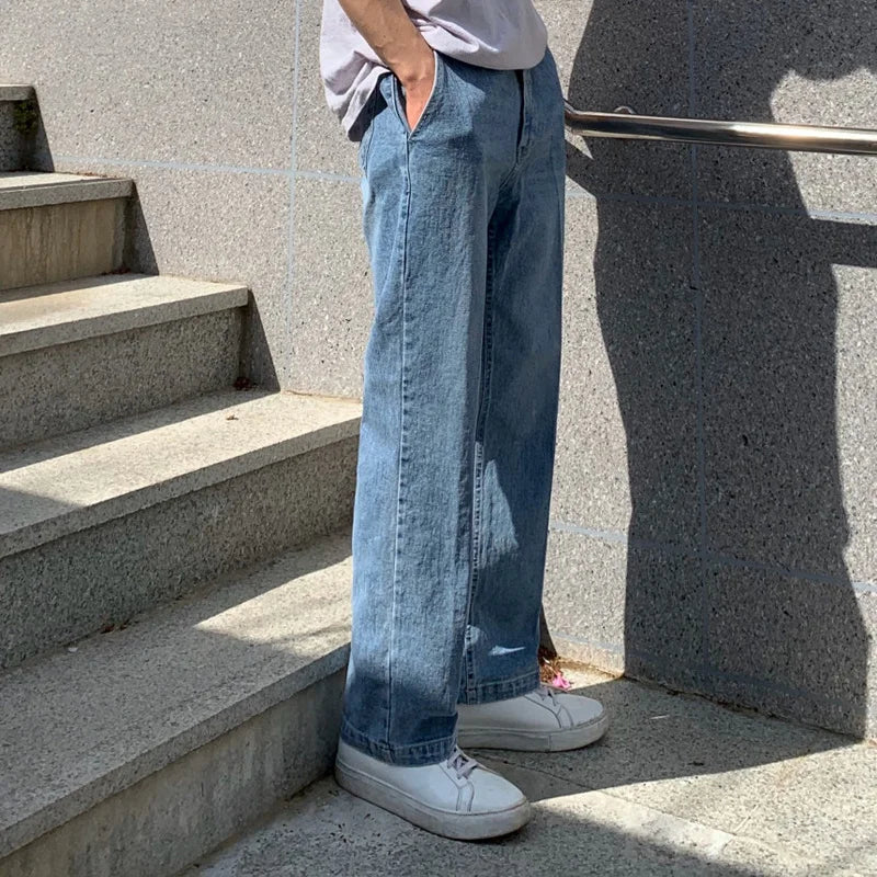 Bonsir - Jeans Men's Loose Straight Autumn New Wide Leg Trousers Korean Fashion Streetwear Black Blue Distressed Casual Baggy Pants