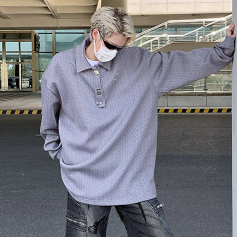 sanyamk - American Style Men's T-shirts Loose Metal Pattern Design Turn-down Collar Long Sleeve Casual Male Tees Strylish 9C6599