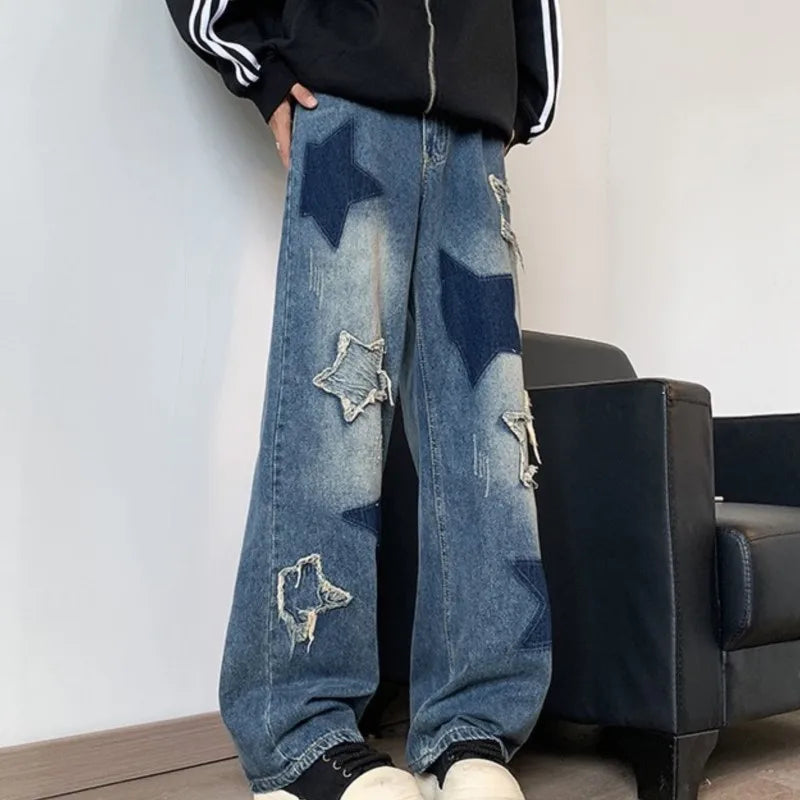 sanyamk Star Embroidery Patchwork Jeans Men Straight Casual Autumn New Wide Leg Hip-hop Fashion Youth Neutral Streetwear Denim Trousers