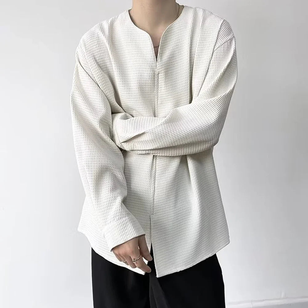 Bonsir 2024 Autumn Retro Temperament Waffle Pullover V-neck Shirt Men's Long-Sleeved Light Wind Ins Loose Korean Trend Shirt