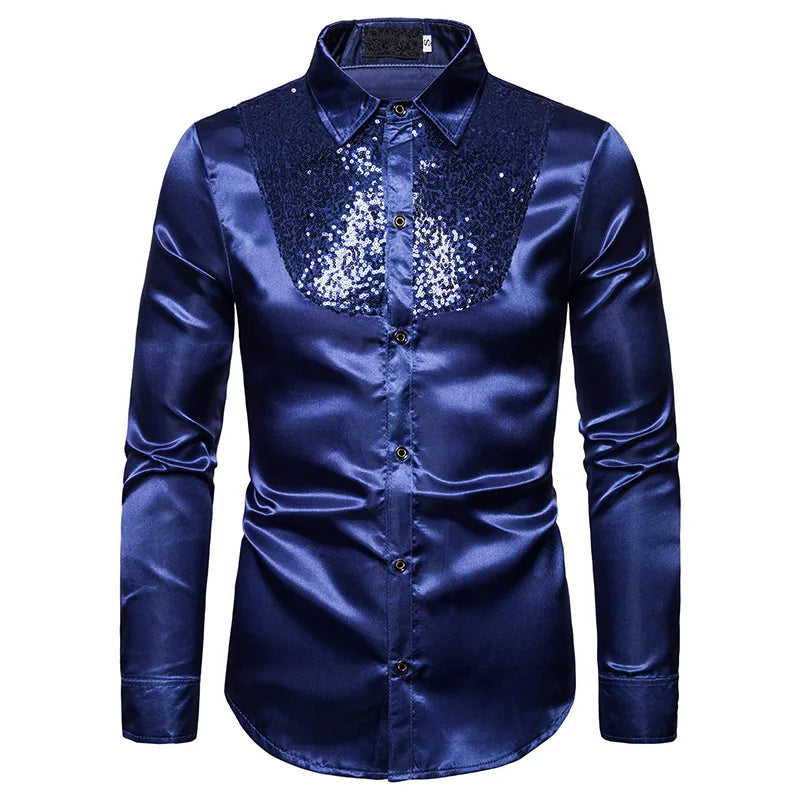 sanyamk Men's Shirt Sequin Lapel Solid Color Slim Fitting Business Casual For Wedding Banquet Performance Men Suit Long Sleeved Shirt