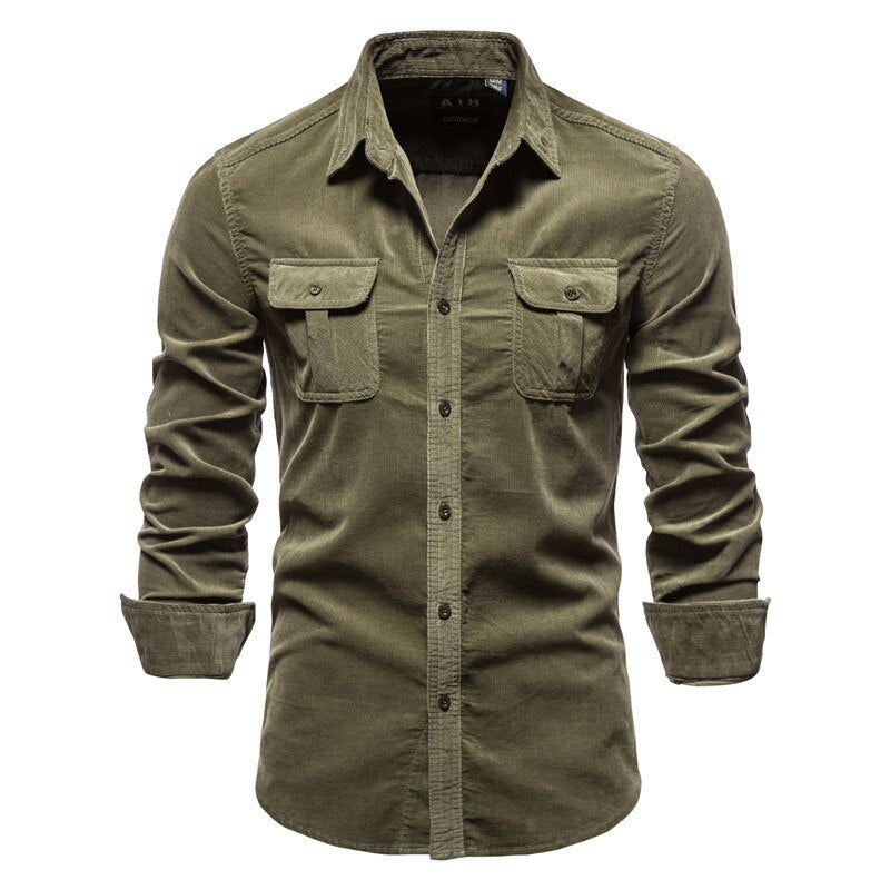 Bonsir Men's Shirt Cotton Lapel Casual Spring Autumn Corduroy Shirts for Men Slim Solid Color Shirts Long Sleeve Tops EU Size