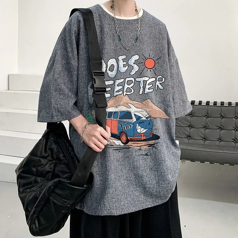 sanyamk - Men's Clothing Short Sleeve Round Neck Loose Straight Pullovers Solid Printing Handsome Simple Casual Streetwear T-Shirts