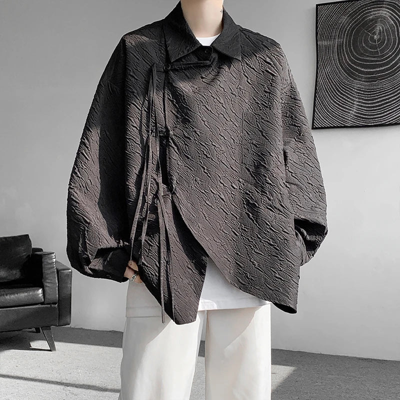 sanyamk Men's Luxury Chic Texture Shirt Vintage Casual Drapped Solid Color Button-down Long Sleeve Shirts for Men All-match Clothing
