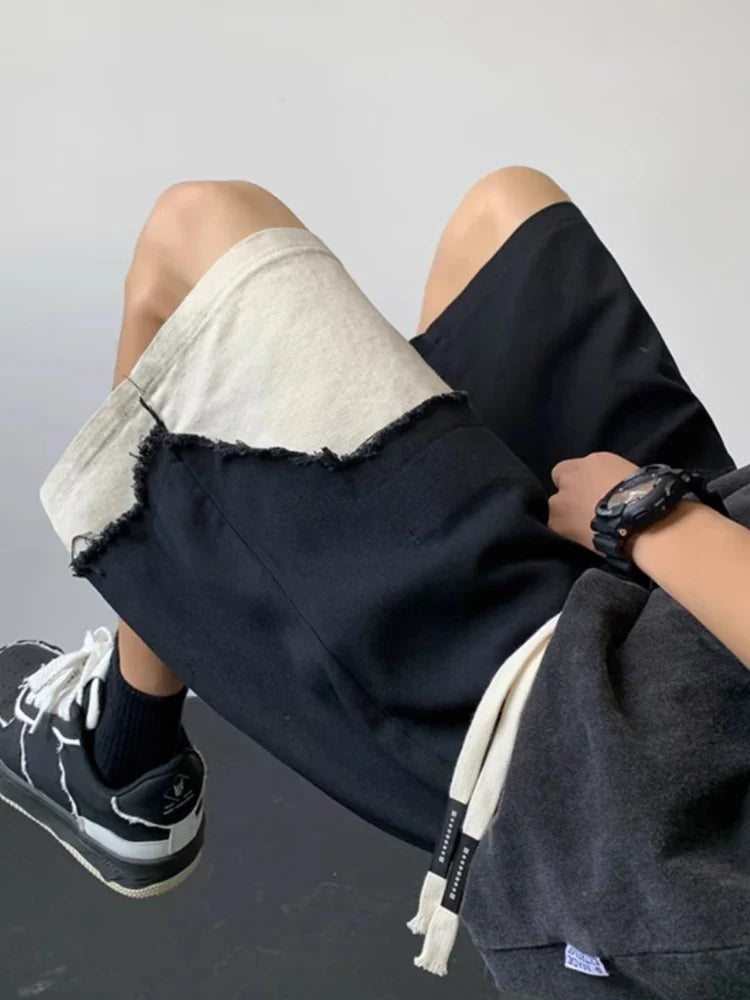 Bonsir Vintage Cargo Shorts Men Summer Leisure American Style Hole Contrast Color Knee Length Loose All-match Streetwear Simple Trendy