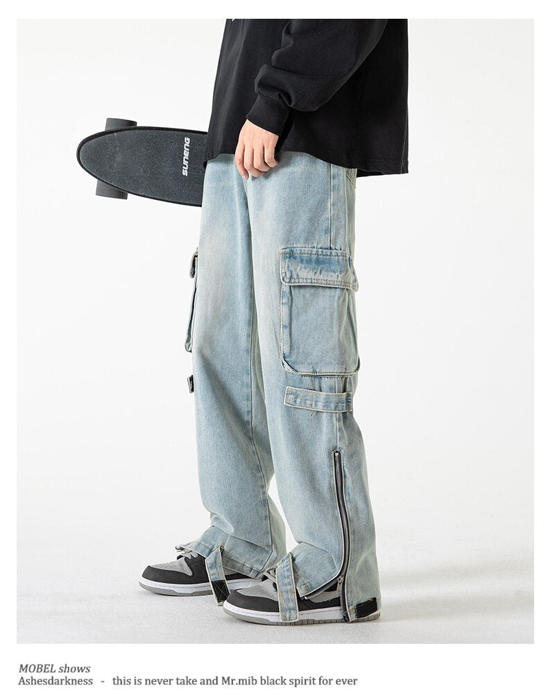 Bonsir Baggy Cargo Jeans big pocket Trousers Male Denim Pants Flared Pant women's Jeans Loose Casual Streetwear Hip Hop Harajuku