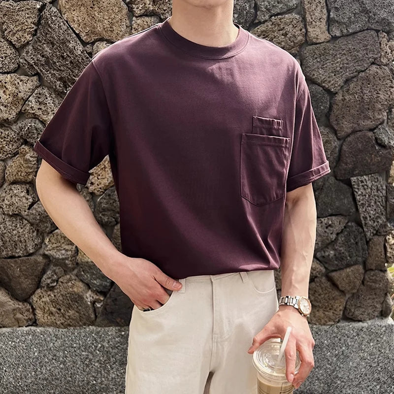 sanyamk - Trendy Pockets Pure Color Cotton T Shirt Men Short Sleeve O Neck Casual Tees For Male Summer Fashion Simple Loose Mens T-shirts