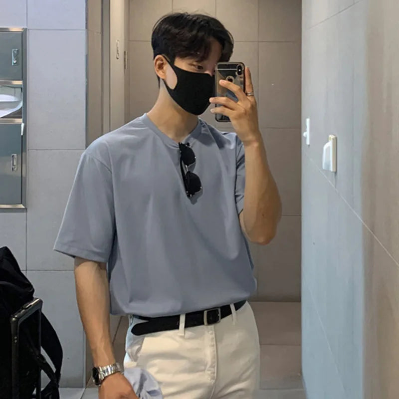 sanyamk - Summer Men's Casual T-shirts Round Neck Short Sleeve Male Tops Solid Color Pullover Clothing New Fashion 2024 9C6241