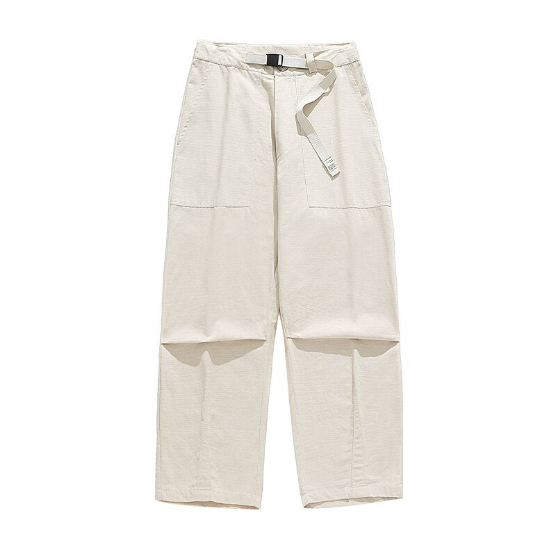 Bonsir Spring/Summer New Korean Street Fashion Men's Loose Belt Design Pleated Casual Pants Men's Retro Wide leg Cargo Pants