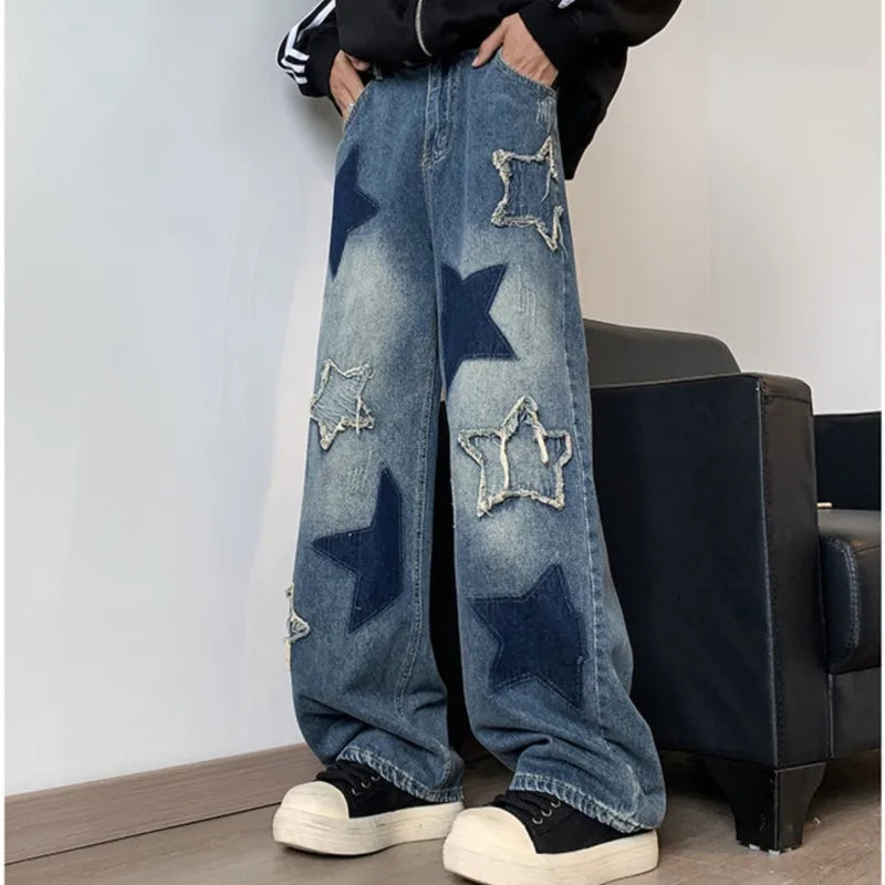 sanyamk Star Embroidery Patchwork Jeans Men Straight Casual Autumn New Wide Leg Hip-hop Fashion Youth Neutral Streetwear Denim Trousers