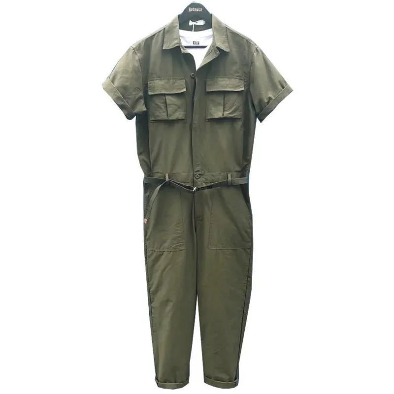 Bonsir - Mens Cargo Overalls Solid Color Lapel Short Sleeve Casual Jumpsuits Multi Pockets Loose Streetwear Rompers with Belt