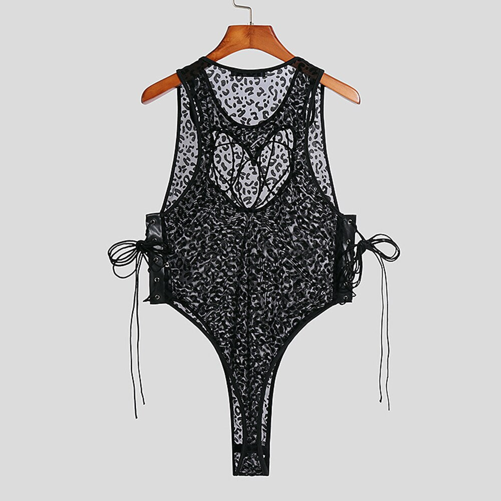 sanyamk Men Bodysuits Hollowout New Sexy Mesh Transparent Lace Up Rompers Sleeveless Playsuit Underwear LGBT Erotic Lingerie Romper