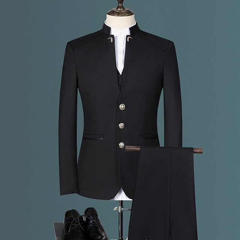 sanyamk Stand Collar Men Blazer Pants Vest Business Men's Wedding Suit Jacket Coat Trousers Waistcoat High Quality Slim Vest Dress Set