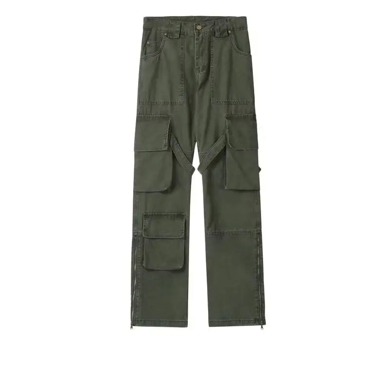 Bonsir American Style High Street Strappy Zipper Tooling Casual Loose Pants Men's Retro Army Green Straight Trousers Male Clothes