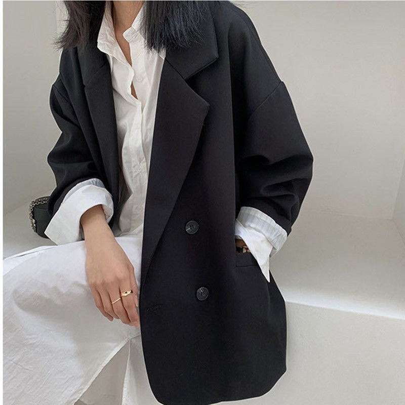 sanyamk New 2022 Vintage Loose Women Solid Blazer Autumn Chic Double Breasted Female Long Sleeve Suit Jackets Stylish Ladies Blazer