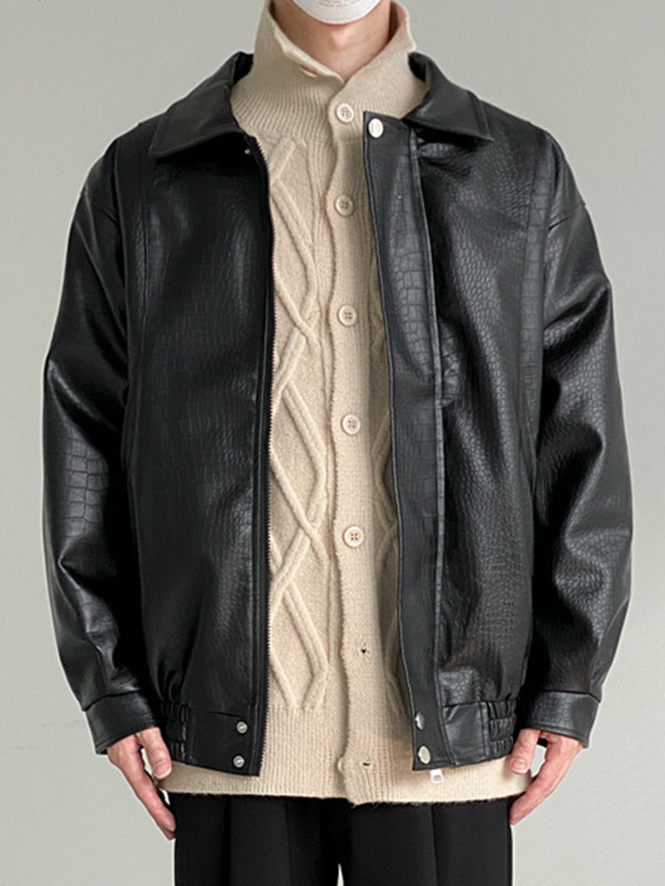 Bonsir PU Leather Jacket Men's Fashion Loose Wear Autumn New Lapel High Street Zipper Long Sleeve Male Short Coat L55