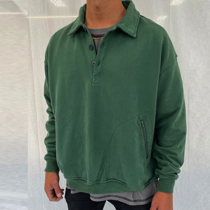sanyamk Fashion Solid Color Lapel Button Sweatshirt Mens Spring Long Sleeve Loose Pullover For Men's Clothes Streetwear Vintage Hoodies