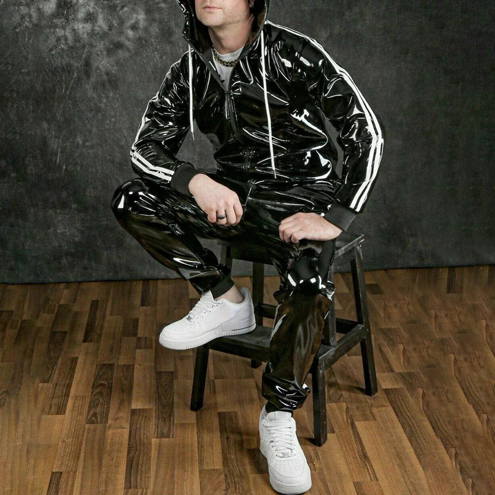 sanyamk Men's Hooded Fashion Pu Bright Leather Sports Suit Autumn New Striped Patent Leather Hooded Jacket Straight-Leg Pants Suits