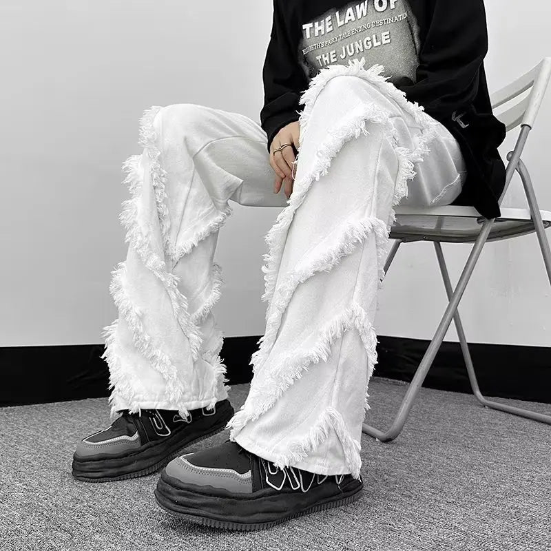 sanyamk Gothic Style Factory Tassels Versatile Slim Edge Washed Denim Casual Flare Men Pants Darkwear Solid Color Male Trousers
