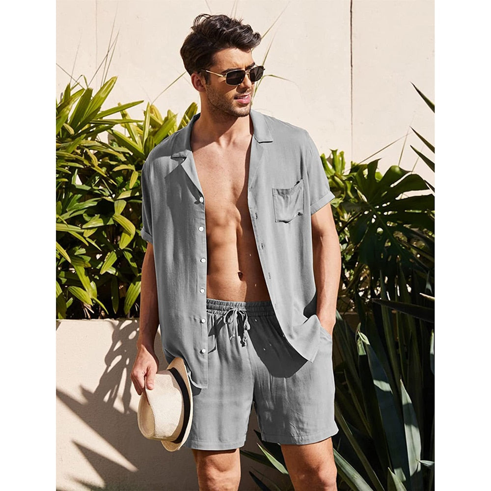 sanyamk Summer Cotton and Linen Men Suit Short Sleeve Shorts Solid High Quality 2 Piece Beach Outdoor Travel Casual Breathable Blazer