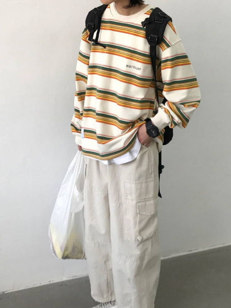 Bonsir Japanese Casual Harajuku Striped Long Sleeve T-Shirt Men's Loose Plus Size Simple All-match Clothes Hip Hop Couple Streetwear