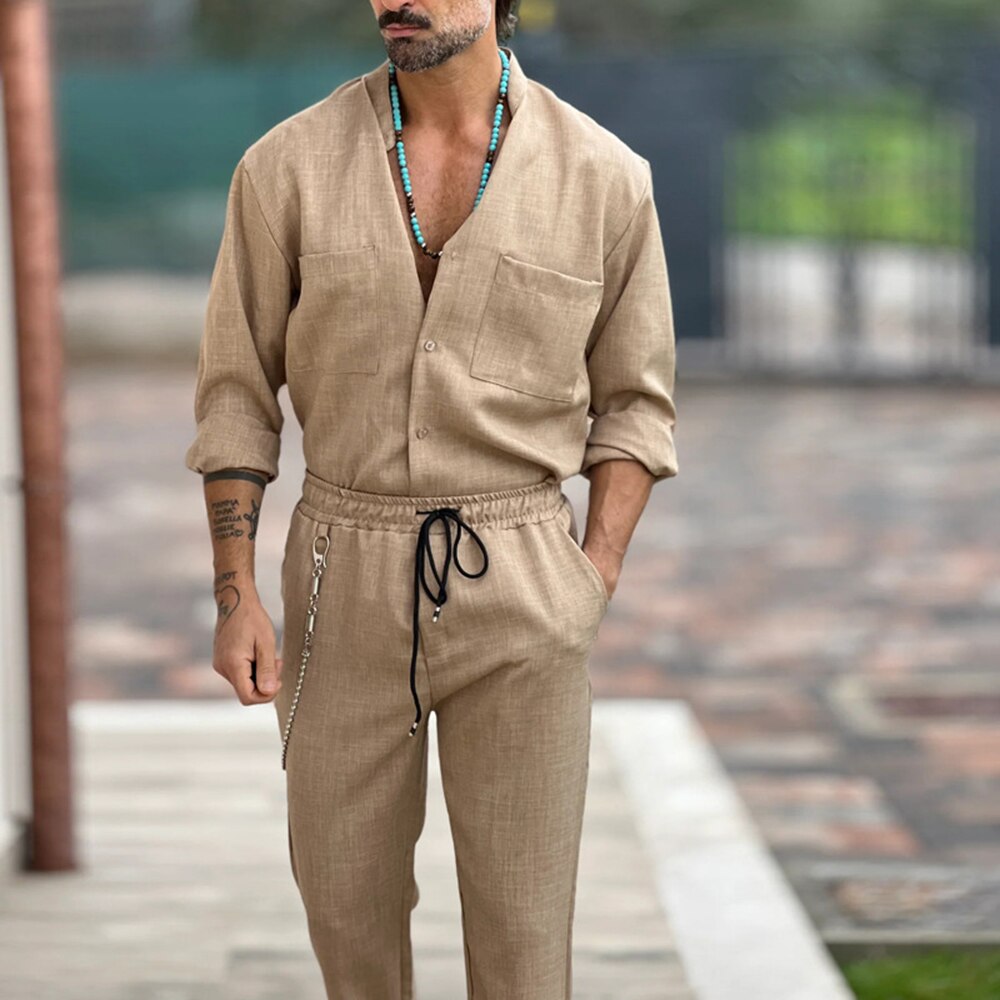 sanyamk Casual Cotton and Linen Suit Men's Casual Summer Vacation Solid Color Short-sleeved Shirt Straight Trousers Two-piece Set