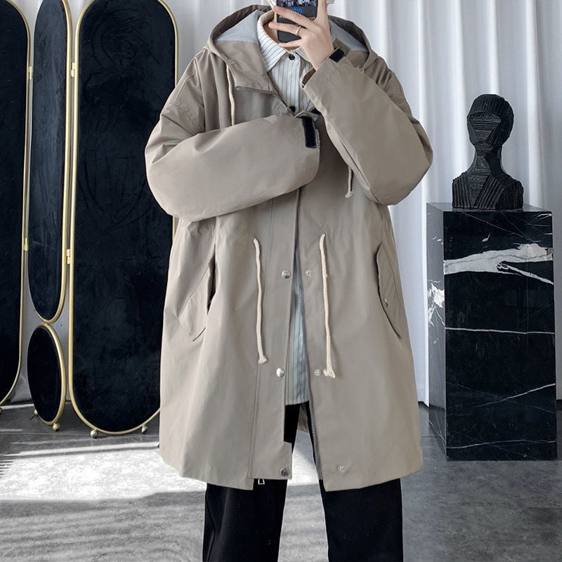 Bonsir Autumn Hooded Trench Coat Men Fashion 3 Colors Casual Oversized Long Coat Men Korean Loose Windbreaker Jacket Mens Overcoat
