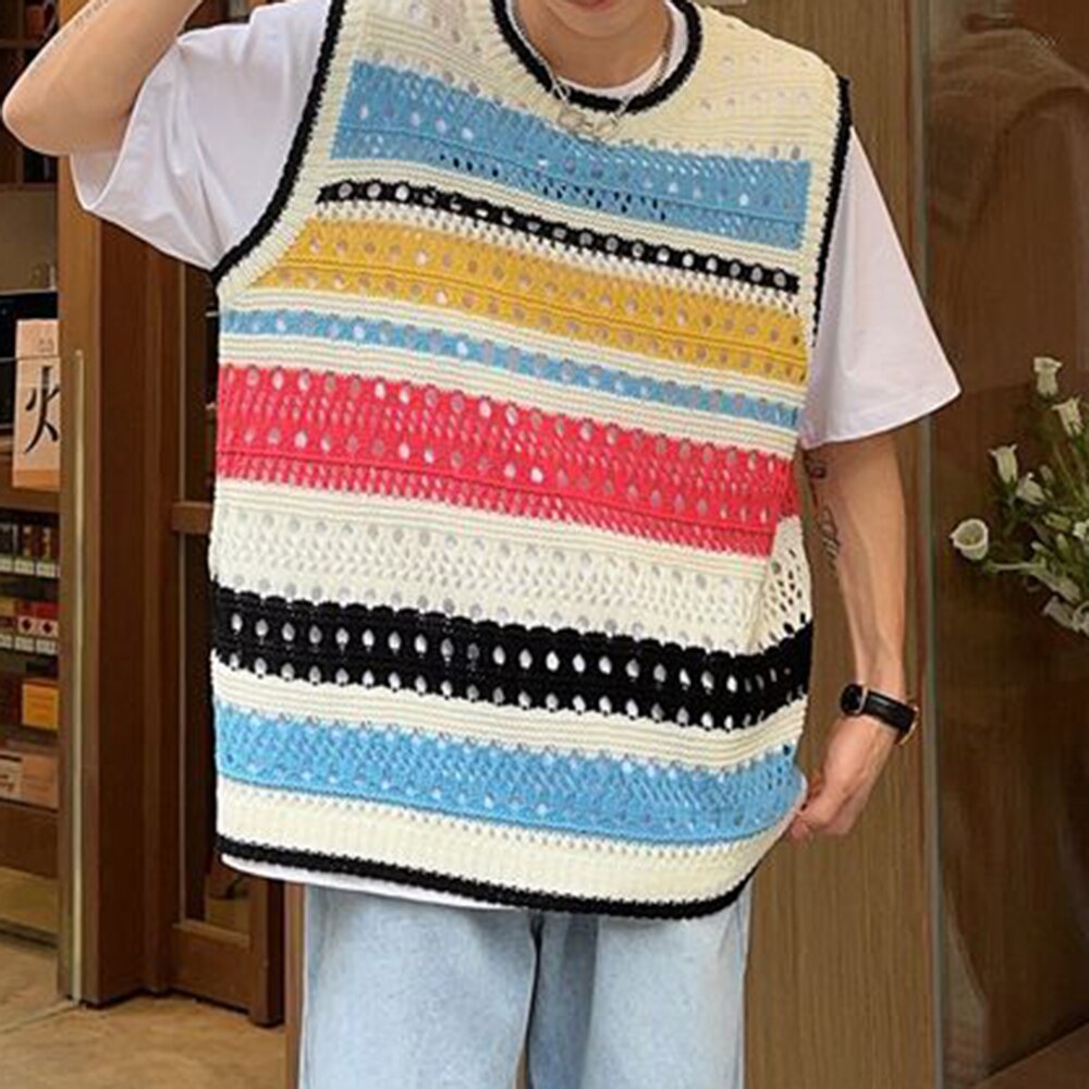 sanyamk Fashion Knitted Vest Y2k Streetwear Trend Hollow Sleeveless Top Men's Striped Contrast Color Loose Tank Tops Genderless Clothing