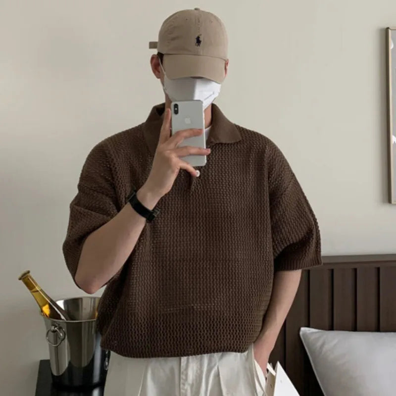 sanyamk - Simple Loose Men's T-shirts Knitting Casual Solid Color Lapel Short Sleeve Hollow Out Tops New Summer Simple 2024 9C6071