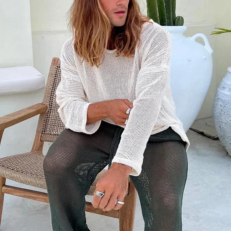 sanyamk - Sexy See Through Mesh T-shirts Men Casual O Neck Long Sleeve Hollow Out Tops Mens Vintage Solid Color Breathable Mesh T Shirt