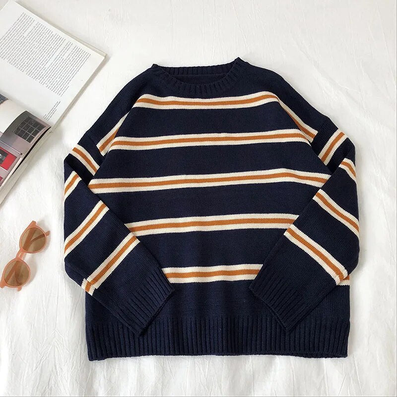 Bonsir Vintage Stripe Sweaters Women Loose Oversize Korean Style Pullover Top Autumn Winter Long Sleeve Knitted Sweater Femme