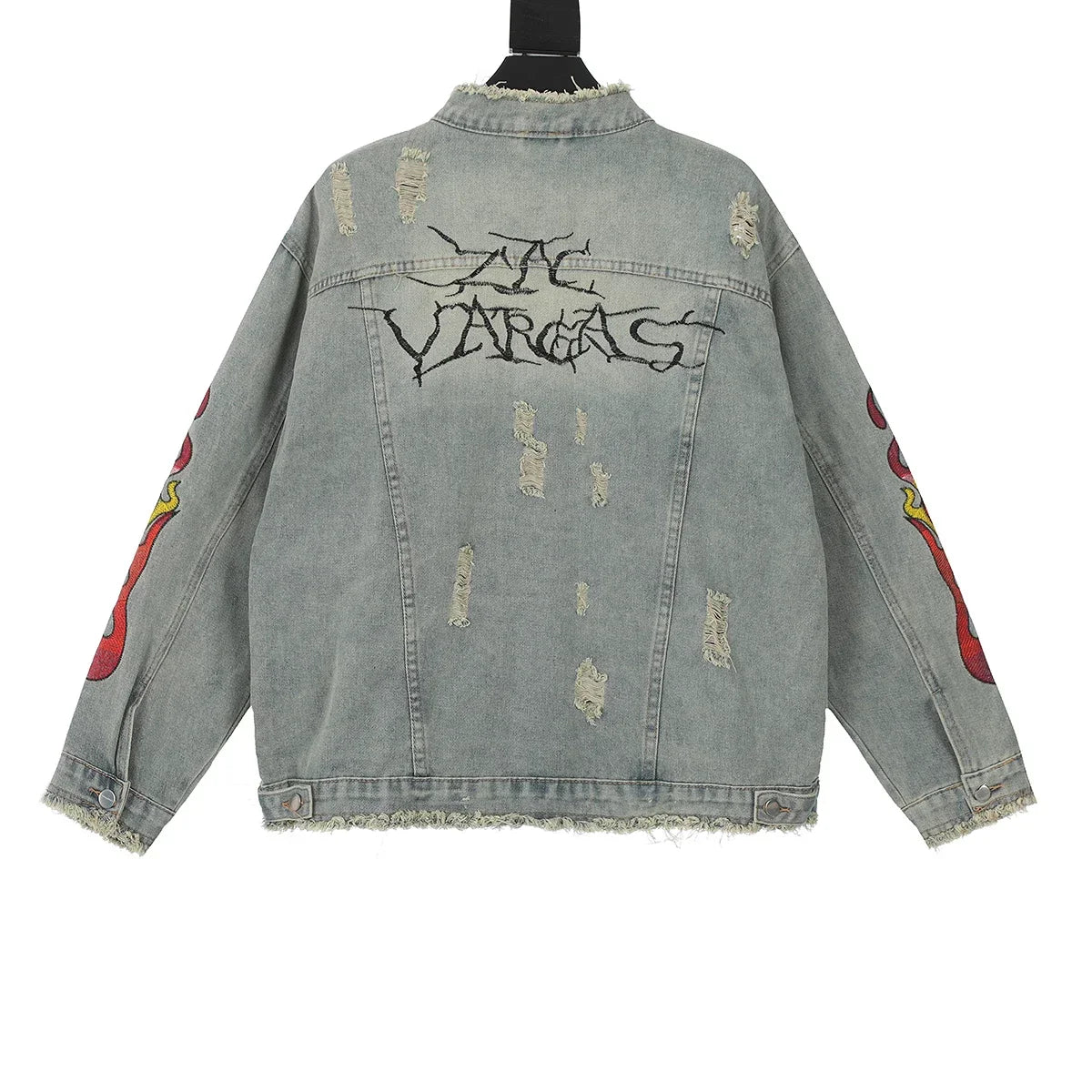 sanyamk High Street Cleanfit Ripped Flame Embroidery Hole Washed Blue Denim Jackets Men and Women Vintage Frayed Baggy Jeans Coat