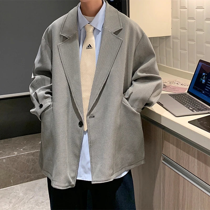 BONSIR - New Luxury Houndstooth Blazers Grey Khaki Men'S Casual One Button Blazers Autumn Winter Fashion All-match Loose Suit Jackets