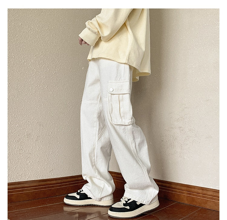 sanyamk 4 Colors Baggy Cargo Jeans Men Fashion Casual Pocket Jeans Men Streetwear Hip Hop Loose Straight Denim Pants Mens Trousers M-2XL