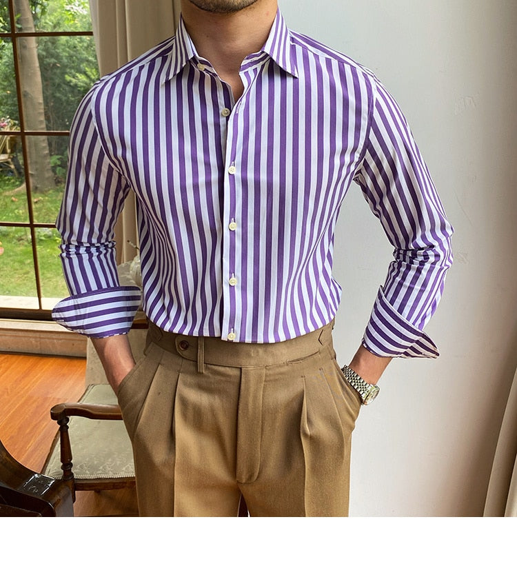 Bonsir British Casual Contrasting Colors Stripe Shirt Retro Shirt Dress Camisa Masculina Social Italian Fall Men Long Sleeve Shirt