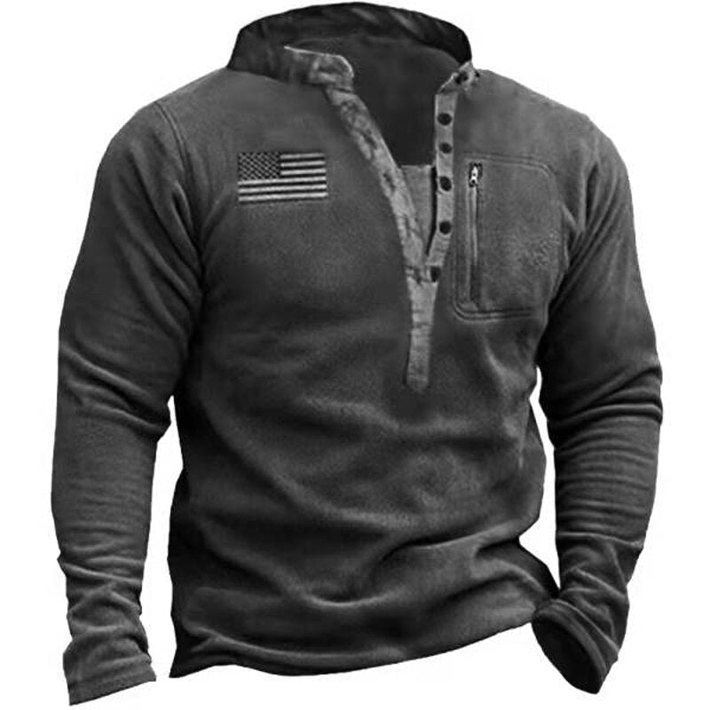 sanyamk Fashion Vintage Men Hoodie Pullover Outwear Solid Men Outdoor Fleece Warm Henley Collar Tactical Zip Pocket Sweatshrt Male Tops