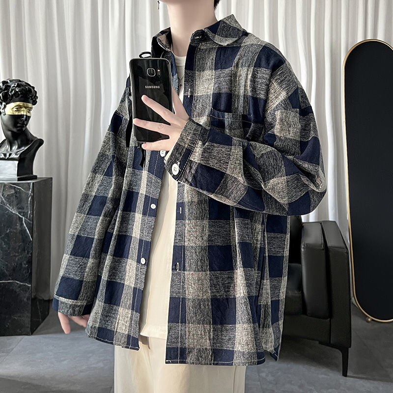 Bonsir Autumn Long Sleeve Shirt Men Fashion Retro Contrast Color Oversized Casual Shirts Mens Streetwear Korean Loose Plaid Shirts Men