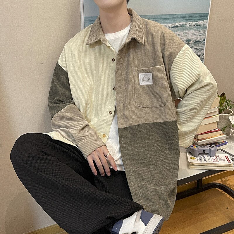 sanyamk Corduroy Shirt Men Vintage Splicing Top Oversized Long Sleeves Blouse Trend Fashion Streetwear Spring Autumn Y2K Male Clothes