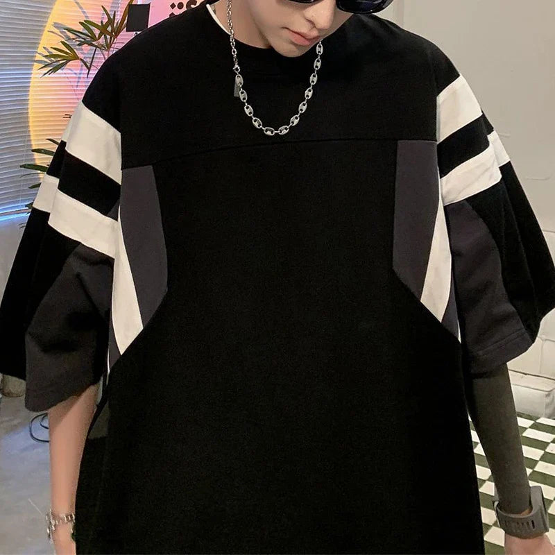 Bonsir Men Clothing Summer Trendy Streetwear Oversized Contrast Color Short Sleeve T-shirt Youth Korean Casual O Neck Hip Hop Y2K Tops