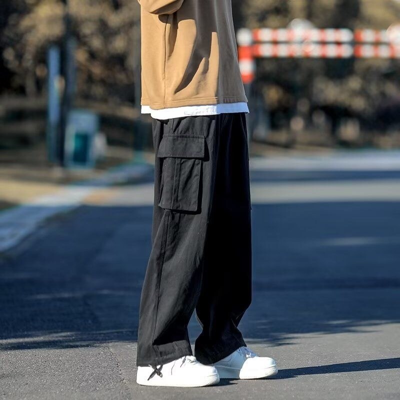 Bonsir Green Black Cargo Pants Men Fashion Retro Pocket Casual Pants Men Japanese Streetwear Hip Hop Loose Straight Pants Mens Trousers