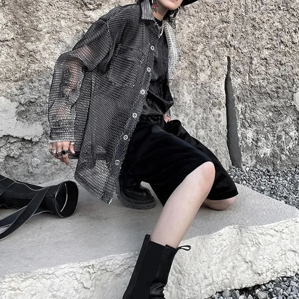sanyamk Men's Harajuku Mesh Top Shirt Men's Casual Loose Oversized All Match Blouse Harajuku Streetwear Vintage Korean Blusas Sunscreen
