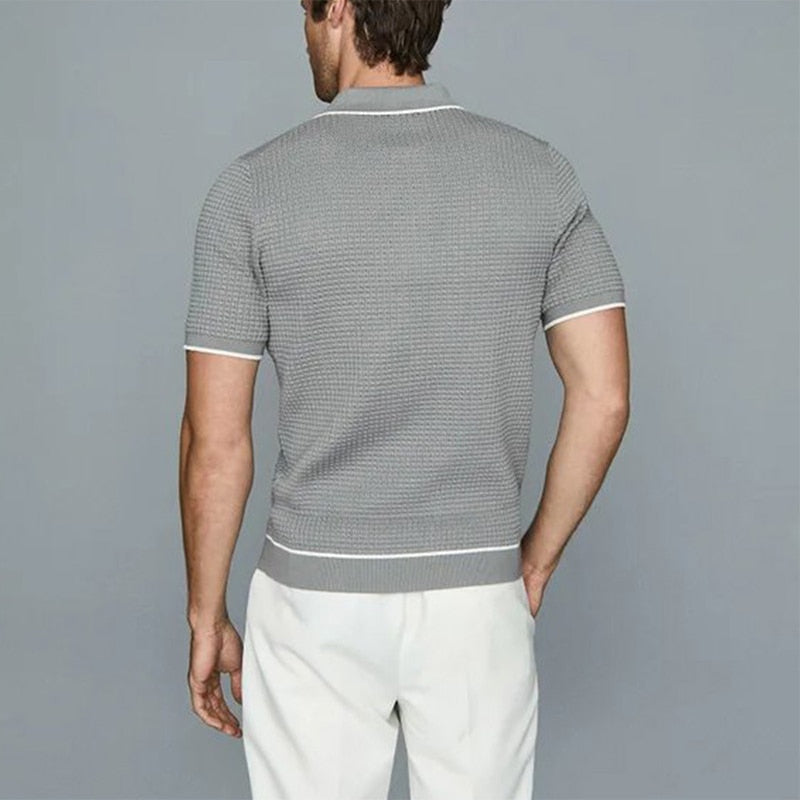 sanyamk Casual Slim Fit Solid Knitting Tops Mens Summer Fashion Lapel Zipper Polo Shirts Men's Clothing Fashion Short Sleeve Polos