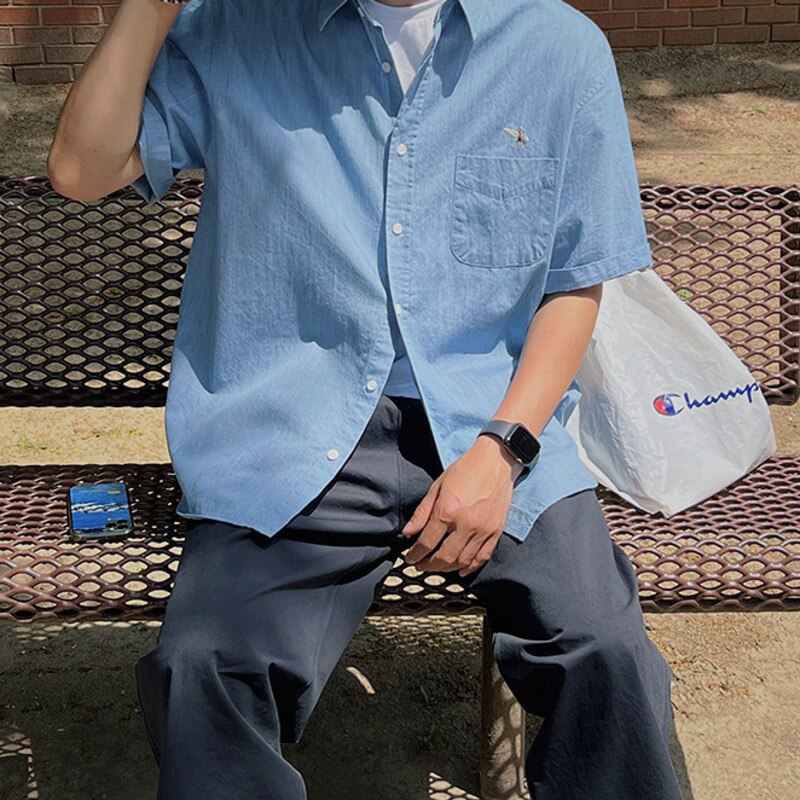 sanyamk Vintage Men's Stylish Washed Lapel Denim Shirts Korean Style Summer Male Solod Color Short Sleeve Tops New Trendy