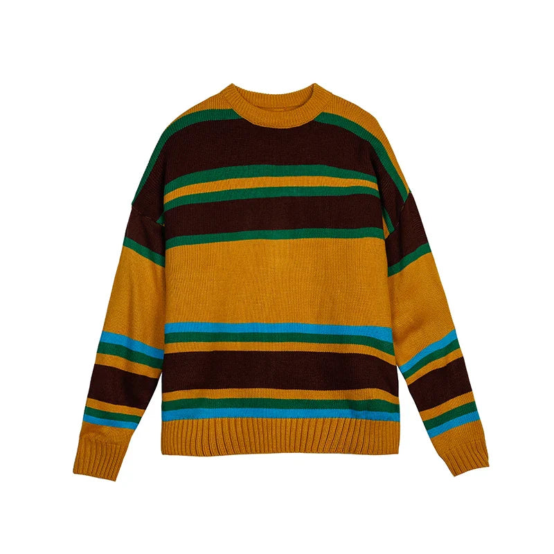 sanyamk Japan Style Vintage Sweater Men Contrast Color Striped Loose Knitted Pullover Casual pull homme Young Man Streetwear Clothing