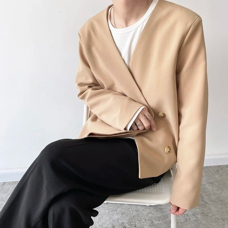 sanyamk - Personality Spring Men's Collarless Short Suit Coat New Simple Trend Black Oversized Asymmetric Breasted Clothes Y2242