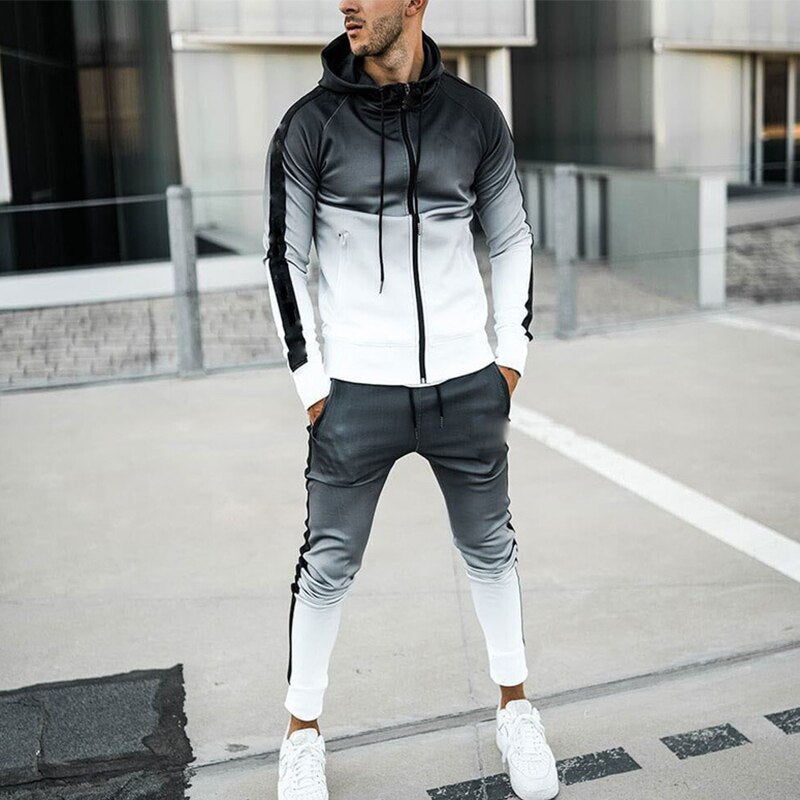 Bonsir Autumn Sweatsuits Men Tracksuit Slim Long Sleeve Zip-up Hooded Sweatshirt And Pants Suits Mens Gradient Fashion Two Piece Sets