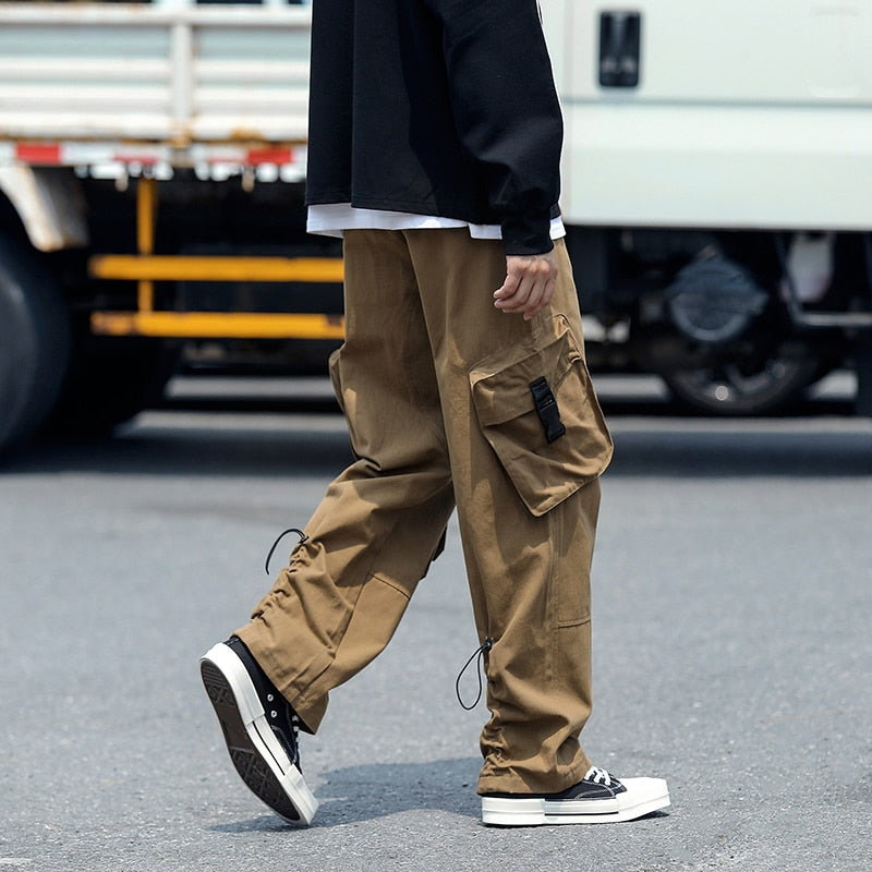 Bonsir Baggy Large Pocket Cargo Pants Men Khaki Cargo Trousers Neutral Vintage Loose Casual Autumn Japanese Streetwear Hip Hop Pant