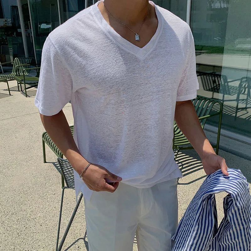 sanyamk - Daily Casual Simple Solid Color Mens White T Shirt Summer Fashion V Neck Short Sleeve T-shirts Men Stylish Slim Fit Pullover Tee