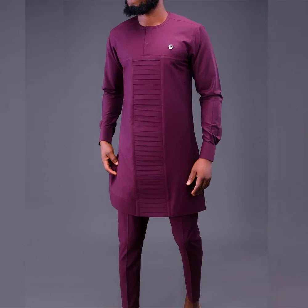 sanyamk - Kaftan Summer Men's Suits Short Sleeve Solid Top Pants Wedding African Ethnic Casual Wear Dashiki 2PCS Suit Fashion Men's Sets